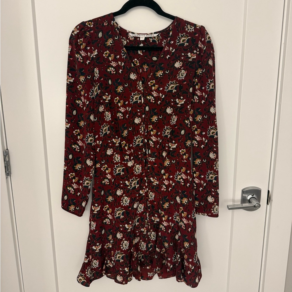 Veronica Beard Riggins Flounce Mini Dress in Bordeaux Floral Print